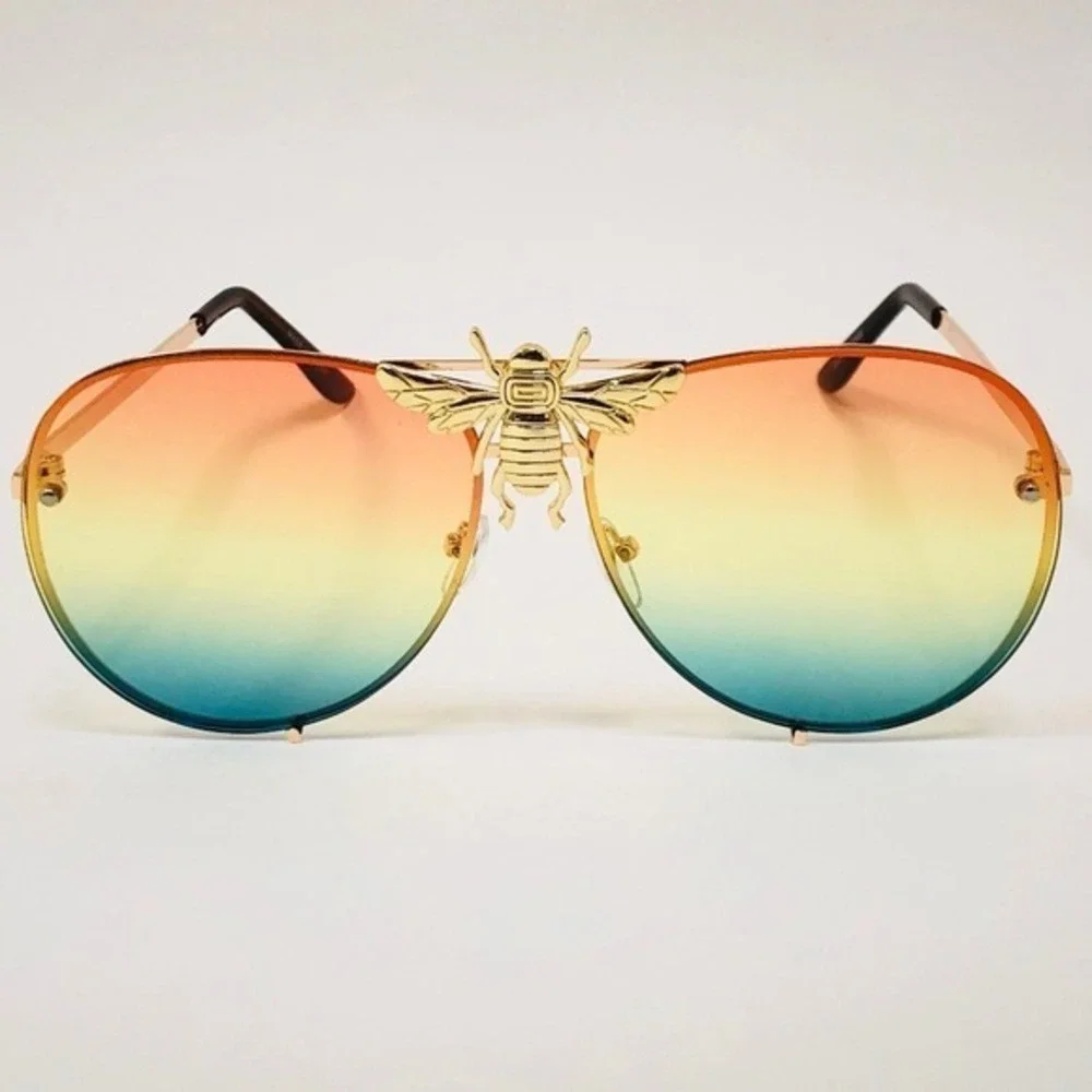 Men Fashion Sunglasses Rainbow‎ Lens Gold Streetwear Rapper Hip Hop Cholo Party